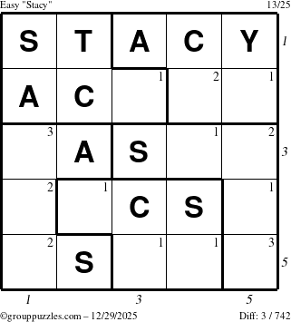 The grouppuzzles.com Easy Stacy puzzle for Monday December 29, 2025 with all 3 steps marked