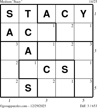 The grouppuzzles.com Medium Stacy puzzle for Monday December 29, 2025, suitable for printing, with all 3 steps marked