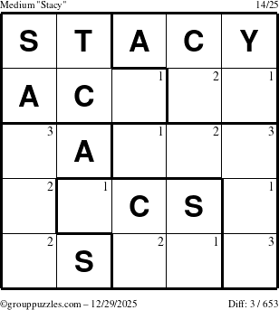 The grouppuzzles.com Medium Stacy puzzle for Monday December 29, 2025 with the first 3 steps marked