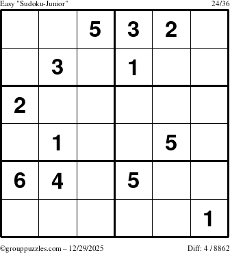 The grouppuzzles.com Easy Sudoku-Junior puzzle for Monday December 29, 2025