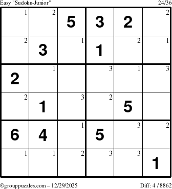 The grouppuzzles.com Easy Sudoku-Junior puzzle for Monday December 29, 2025 with the first 3 steps marked
