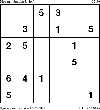 The grouppuzzles.com Medium Sudoku-Junior puzzle for Monday December 29, 2025