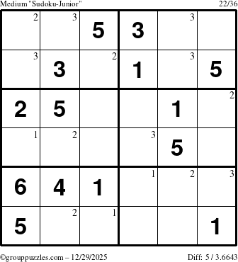 The grouppuzzles.com Medium Sudoku-Junior puzzle for Monday December 29, 2025 with the first 3 steps marked