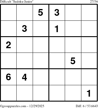 The grouppuzzles.com Difficult Sudoku-Junior puzzle for Monday December 29, 2025