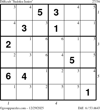 The grouppuzzles.com Difficult Sudoku-Junior puzzle for Monday December 29, 2025, suitable for printing, with all 6 steps marked