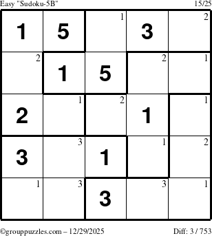 The grouppuzzles.com Easy Sudoku-5B puzzle for Monday December 29, 2025 with the first 3 steps marked