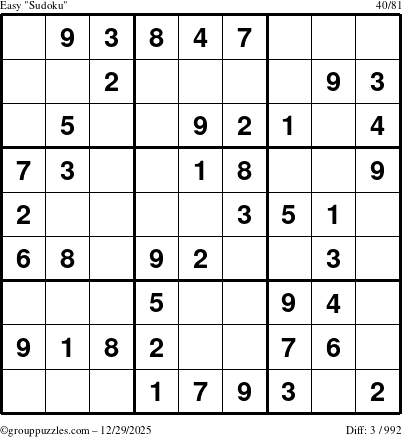 The grouppuzzles.com Easy Sudoku puzzle for Monday December 29, 2025