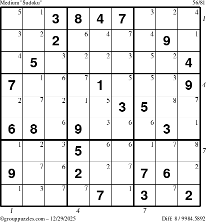 The grouppuzzles.com Medium Sudoku puzzle for Monday December 29, 2025 with all 8 steps marked