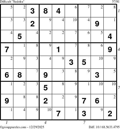 The grouppuzzles.com Difficult Sudoku puzzle for Monday December 29, 2025 with all 10 steps marked
