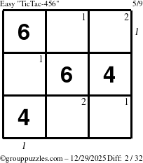 The grouppuzzles.com Easy TicTac-456 puzzle for Monday December 29, 2025 with all 2 steps marked