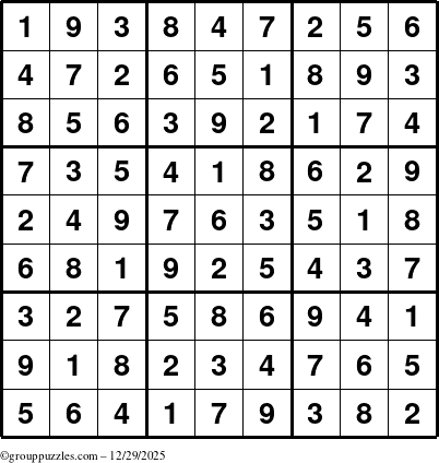The grouppuzzles.com Answer grid for the Sudoku puzzle for Monday December 29, 2025