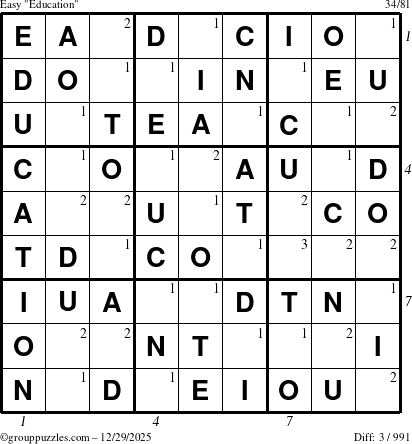 The grouppuzzles.com Easy Education-c1 puzzle for Monday December 29, 2025, suitable for printing, with all 3 steps marked