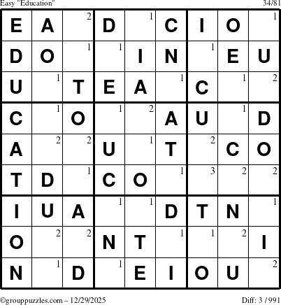 The grouppuzzles.com Easy Education-c1 puzzle for Monday December 29, 2025 with the first 3 steps marked