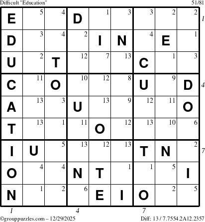 The grouppuzzles.com Difficult Education-c1 puzzle for Monday December 29, 2025 with all 13 steps marked