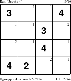 The grouppuzzles.com Easy Sudoku-4 puzzle for Thursday February 22, 2024 with the first 2 steps marked