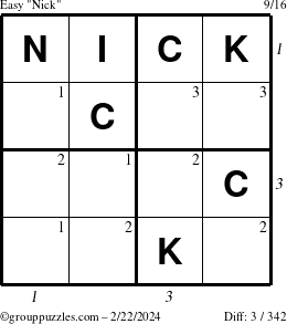 The grouppuzzles.com Easy Nick puzzle for Thursday February 22, 2024 with all 3 steps marked