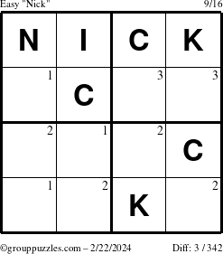 The grouppuzzles.com Easy Nick puzzle for Thursday February 22, 2024 with the first 3 steps marked