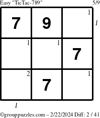 The grouppuzzles.com Easy TicTac-789 puzzle for Thursday February 22, 2024 with all 2 steps marked