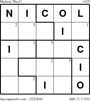 The grouppuzzles.com Medium Nicol puzzle for Thursday February 22, 2024 with the first 3 steps marked