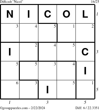 The grouppuzzles.com Difficult Nicol puzzle for Thursday February 22, 2024 with all 6 steps marked