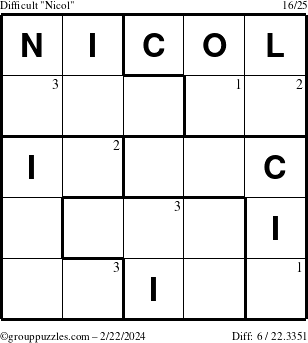 The grouppuzzles.com Difficult Nicol puzzle for Thursday February 22, 2024 with the first 3 steps marked