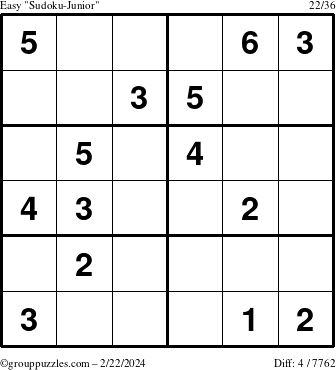 The grouppuzzles.com Easy Sudoku-Junior puzzle for Thursday February 22, 2024