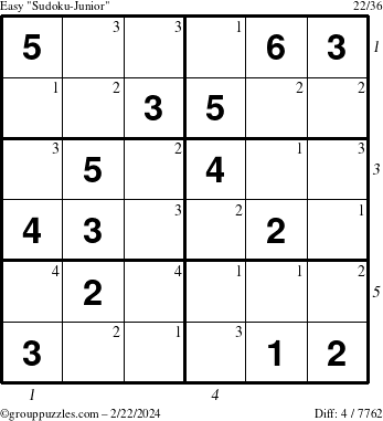The grouppuzzles.com Easy Sudoku-Junior puzzle for Thursday February 22, 2024 with all 4 steps marked