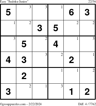 The grouppuzzles.com Easy Sudoku-Junior puzzle for Thursday February 22, 2024 with the first 3 steps marked
