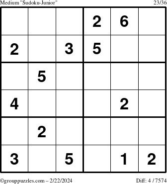 The grouppuzzles.com Medium Sudoku-Junior puzzle for Thursday February 22, 2024