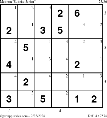 The grouppuzzles.com Medium Sudoku-Junior puzzle for Thursday February 22, 2024 with all 4 steps marked