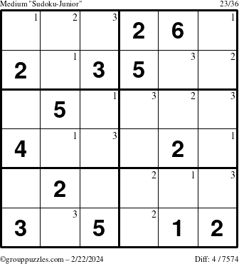 The grouppuzzles.com Medium Sudoku-Junior puzzle for Thursday February 22, 2024 with the first 3 steps marked