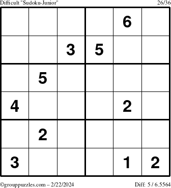 The grouppuzzles.com Difficult Sudoku-Junior puzzle for Thursday February 22, 2024