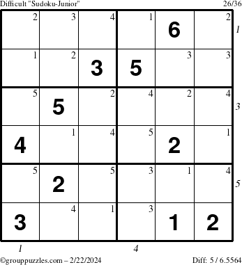 The grouppuzzles.com Difficult Sudoku-Junior puzzle for Thursday February 22, 2024 with all 5 steps marked