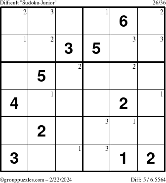 The grouppuzzles.com Difficult Sudoku-Junior puzzle for Thursday February 22, 2024 with the first 3 steps marked