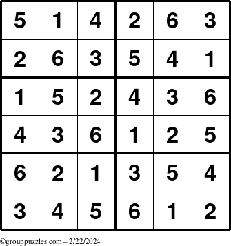The grouppuzzles.com Answer grid for the Sudoku-Junior puzzle for Thursday February 22, 2024