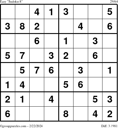The grouppuzzles.com Easy Sudoku-8 puzzle for Thursday February 22, 2024
