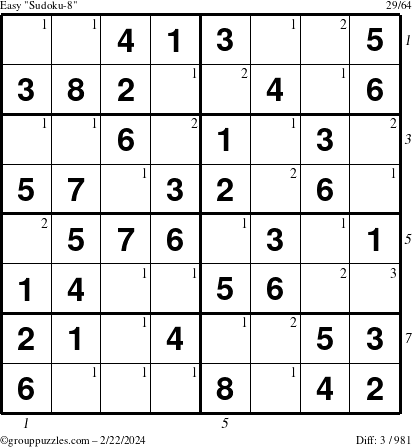 The grouppuzzles.com Easy Sudoku-8 puzzle for Thursday February 22, 2024 with all 3 steps marked