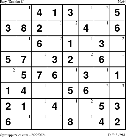 The grouppuzzles.com Easy Sudoku-8 puzzle for Thursday February 22, 2024 with the first 3 steps marked