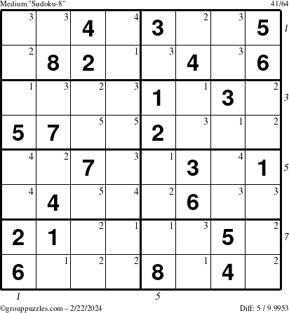 The grouppuzzles.com Medium Sudoku-8 puzzle for Thursday February 22, 2024 with all 5 steps marked