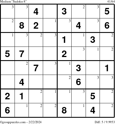 The grouppuzzles.com Medium Sudoku-8 puzzle for Thursday February 22, 2024 with the first 3 steps marked