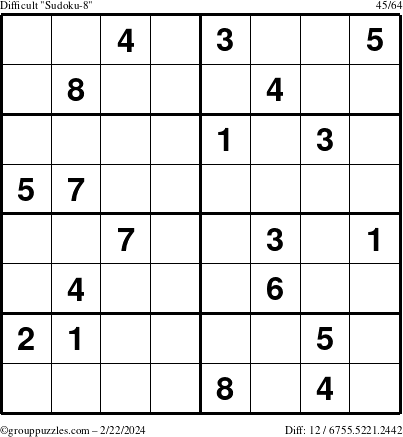 The grouppuzzles.com Difficult Sudoku-8 puzzle for Thursday February 22, 2024