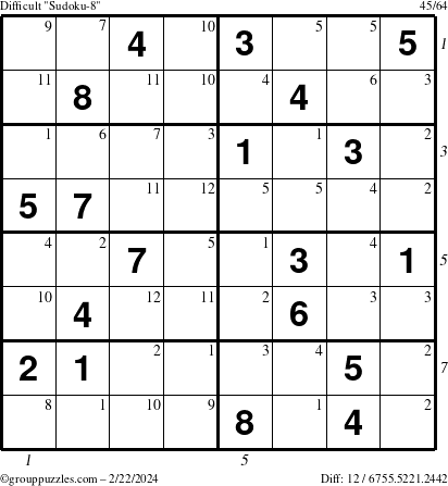 The grouppuzzles.com Difficult Sudoku-8 puzzle for Thursday February 22, 2024 with all 12 steps marked