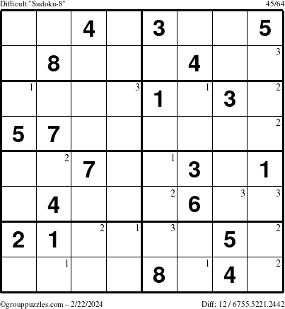 The grouppuzzles.com Difficult Sudoku-8 puzzle for Thursday February 22, 2024 with the first 3 steps marked
