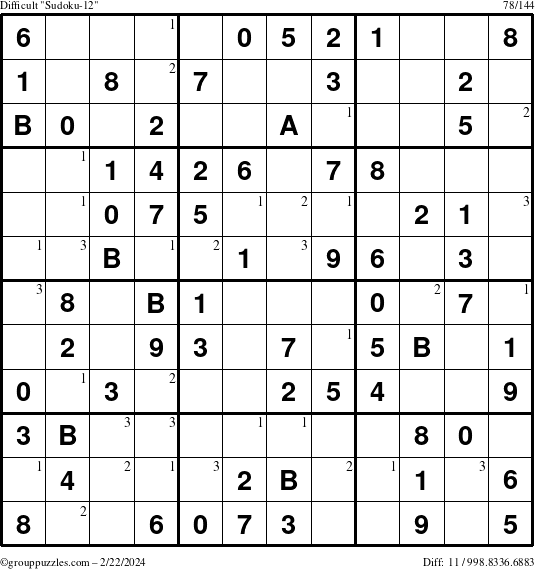 The grouppuzzles.com Difficult Sudoku-12 puzzle for Thursday February 22, 2024 with the first 3 steps marked