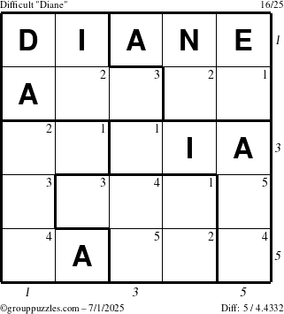 The grouppuzzles.com Difficult Diane puzzle for Tuesday July 1, 2025, suitable for printing, with all 5 steps marked