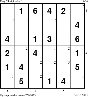 The grouppuzzles.com Easy Sudoku-6up puzzle for Tuesday July 1, 2025, suitable for printing, with all 3 steps marked