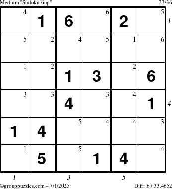 The grouppuzzles.com Medium Sudoku-6up puzzle for Tuesday July 1, 2025, suitable for printing, with all 6 steps marked