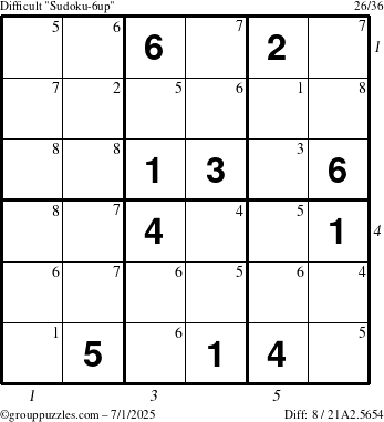 The grouppuzzles.com Difficult Sudoku-6up puzzle for Tuesday July 1, 2025, suitable for printing, with all 8 steps marked