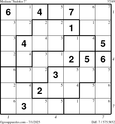 The grouppuzzles.com Medium Sudoku-7 puzzle for Tuesday July 1, 2025 with all 7 steps marked
