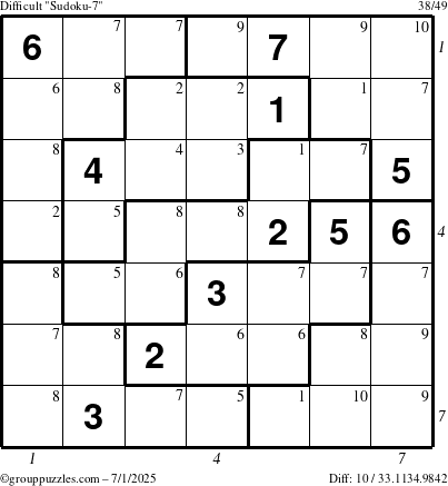 The grouppuzzles.com Difficult Sudoku-7 puzzle for Tuesday July 1, 2025 with all 10 steps marked